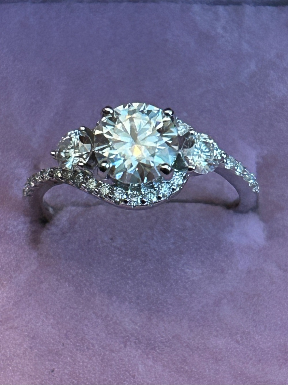 1.00CTW Round Brilliant Moissanite Three-Stone Halo Ring in Platinum ovr SSilver